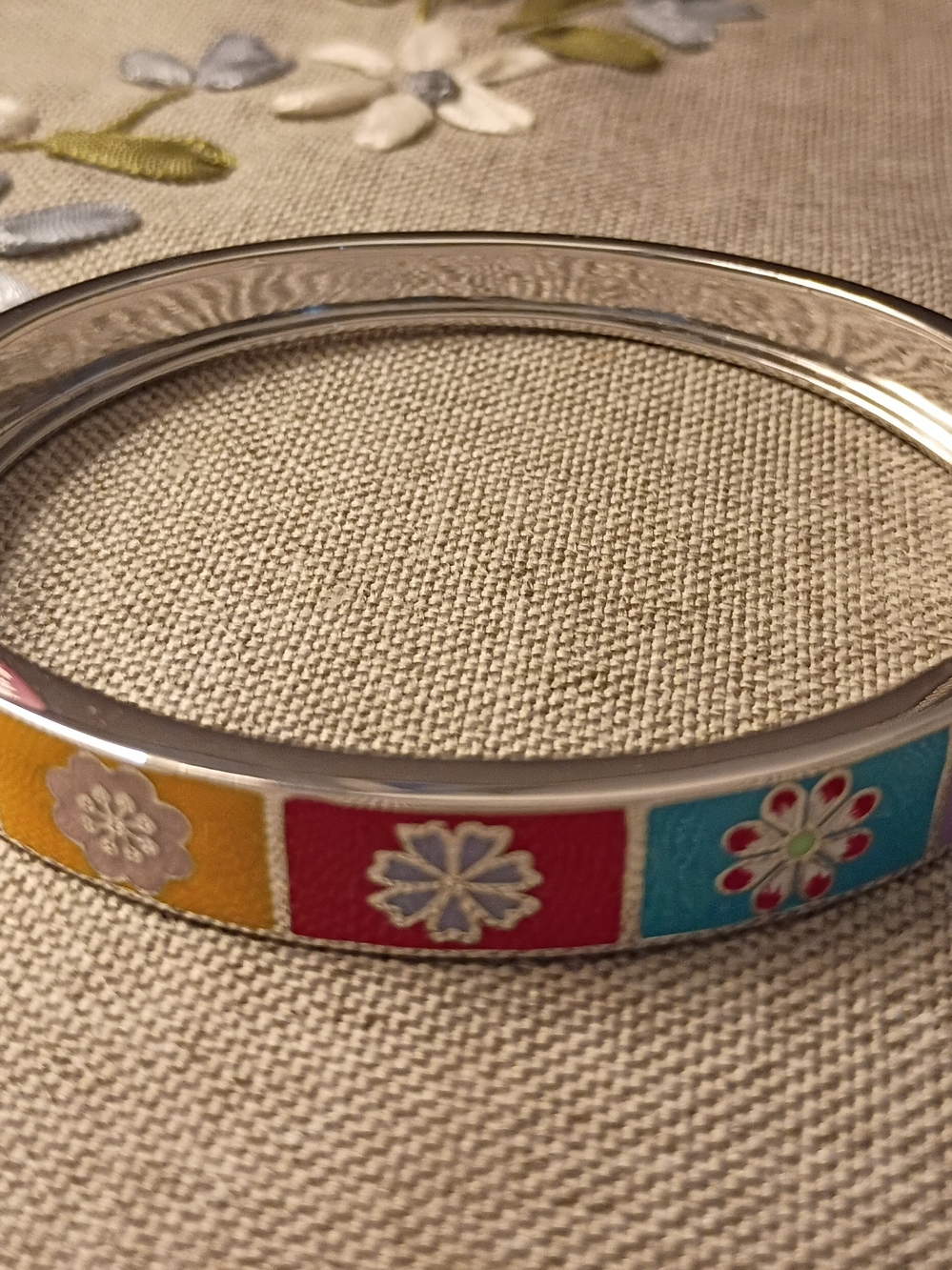 Sterling Silver Colorblock Floral Enamel Bangle - Yellow, Red, Blue
